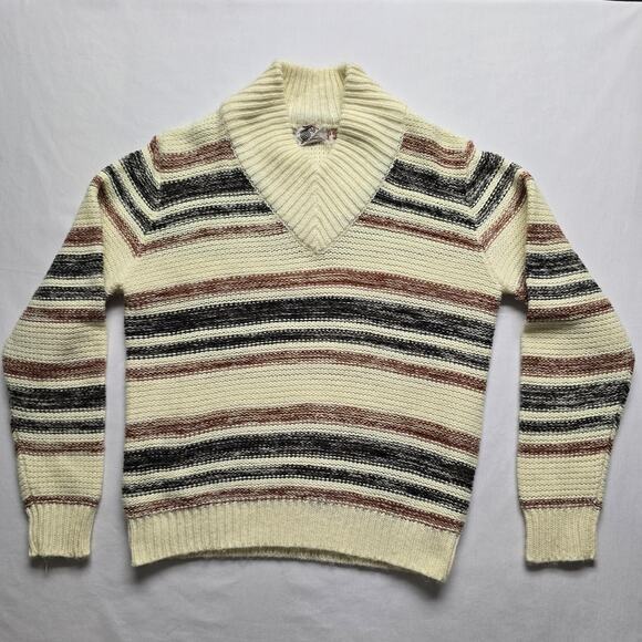 Vintage Silton Sweater Large Biege Brown Striped Knit Pullover 70s 80s - Picture 1 of 8